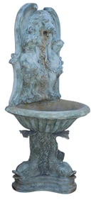 MONUMENTAL VERDEGRIS BRONZE LION, PUTTO & DOLPHIN WALL FOUNTAIN, 75"h