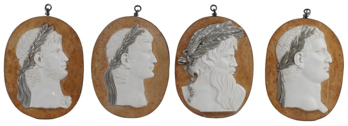 (4) CLASSICAL STYLE MARBLE RELIEF PLAQUES IN IRON MOUNTS