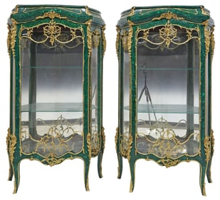 (2) LOUIS XV STYLE ORMOLU-MOUNTED MALACHITE-VENEERED VITRINES