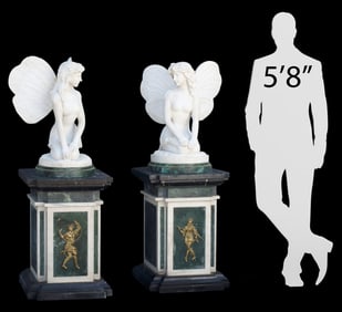 (2) LARGE MARBLE SCULPTURES FAIRIES ON MARBLE PLINTHS