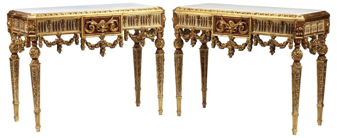 (2) NEOCLASSICAL STYLE MARBLE-TOP PARCEL GILT & PAINTED CONSOLE TABLES