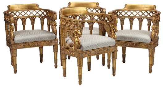 (4) NEOCLASSICAL STYLE UPHOLSTERED GILTWOOD BARREL-BACK CHAIRS