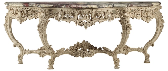 LARGE ROCOCO STYLE CARVED & PAINTED MARBLE-TOP CONSOLE TABLE, 91"W