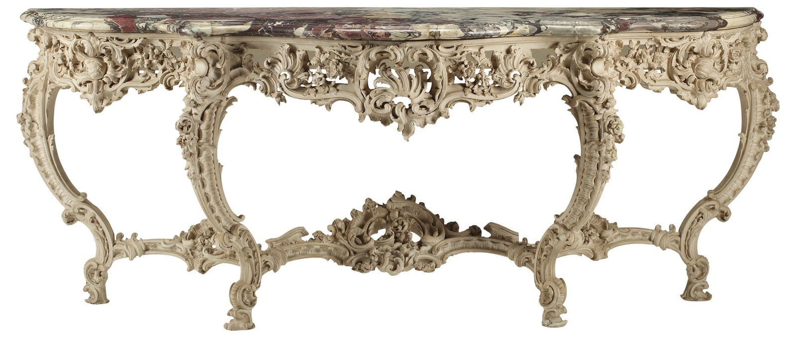 LARGE ROCOCO STYLE CARVED & PAINTED MARBLE-TOP CONSOLE TABLE, 91"W: Large Rococo style carved wood console table, in a white-painted finish, having shaped marble top, above pierced rocaille apron with elaborately carved floral motifs, rising on stretcher-joined cabrio