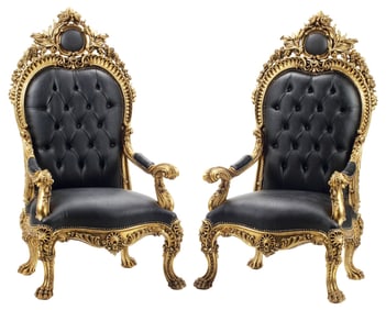 (2) ROCOCO STYLE GILTWOOD & BLACK LEATHER THRONE CHAIRS