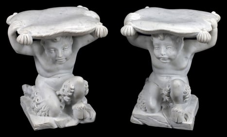 (2) WHITE MARBLE FIGURAL KNEELING SATYR GARDEN SEATS