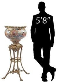 FRENCH SEVRES STYLE HAND-PAINTED PORCELAIN JARDINIERE ON ORMOLU STAND