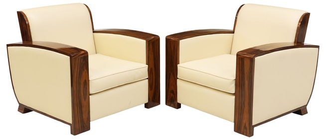 (2) ART DECO STYLE CREAM-UPHOLSTERED CLUB CHAIRS