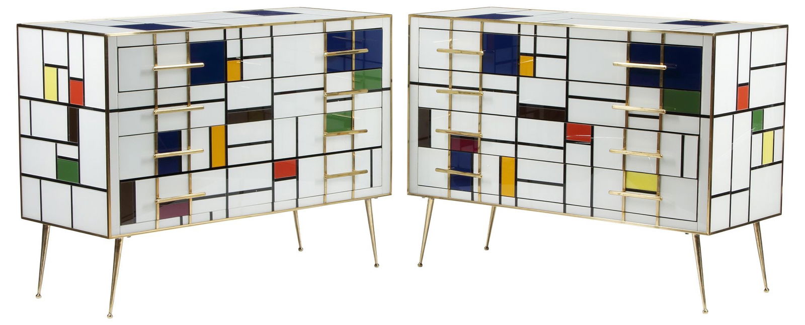 (2) ART MODERNE MONDRIAN STYLE GLASS-CLAD COMMODES: (pair) Art Moderne glass-clad chests of drawers, each fitted with four drawers, brass pulls, rising on splayed and tapered legs, approx 36"h, 48"w, 20"d