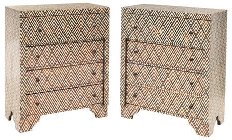 (2) GEOMETRIC PATTERN SHELL-INLAID CHESTS OF DRAWERS