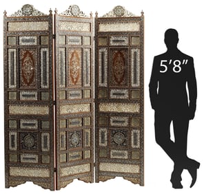 MOORISH STYLE INLAID DOUBLE-SIDED 3-PANEL FOLDING SCREEN, 86"H