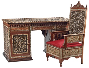 (2) LARGE MOORISH STYLE INLAID WRITING DESK & ARMCHAIR