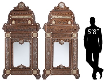 (2) MONUMENTAL MOORISH STYLE CARVED & INLAID MIRRORS, 91"H