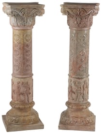 (2) RENAISSANCE STYLE CARVED MARBLE COLUMNS/ PEDESTALS