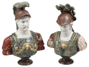 (2)Â? CLASSICAL STYLE POLYCHROME MARBLE BUSTS OF MARS & MINERVA, 33"H