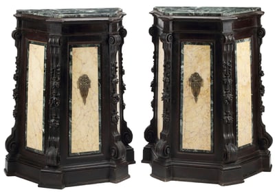 (2) LARGE EBONIZED & MARBLE-INSET PEDESTALS