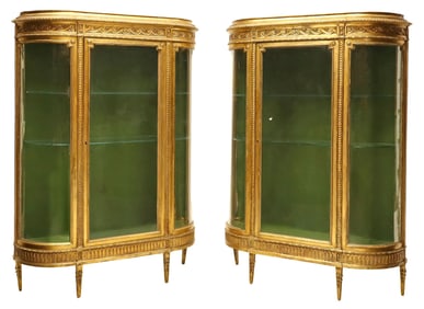 (2) ITALIAN LOUIS XVI STYLE GILTWOOD GLAZED VITRINE CABINETS, 70"H