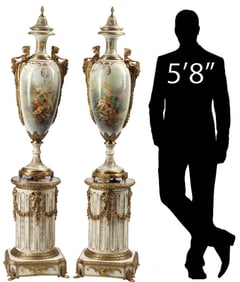 (2) SEVRES STYLE ORMOLU-MOUNTED PORCELAIN VASES ON STANDS, 67.75"H