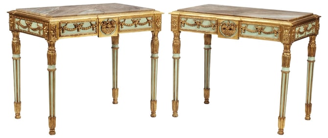 (2) NEOCLASSICAL STYLE PARCEL-GILT & GREEN-PAINTED CONSOLE TABLES
