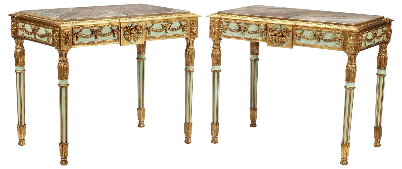(2) NEOCLASSICAL STYLE PARCEL-GILT & GREEN-PAINTED CONSOLE TABLES: (pair) Neoclassical style parcel-gilt and green-painted console tables, inset marble top, on tapering fluted legs, approx 31"h, 36.5"w, 23"d