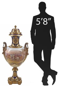 BRONZE-MOUNTED SEVRES-STYLE PORCELAIN URN WITH MILITARY SCENE, 43"H