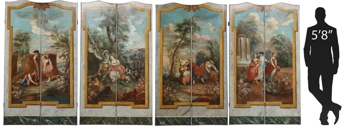 LARGE FRENCH SCHOOL PAINTED 8-PANEL SCREEN, 70.5"H