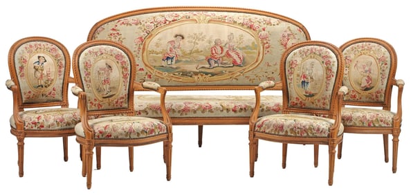 (5) FRENCH LOUIS XVI STYLE AUBUSSON TAPESTRY SALON SUITE