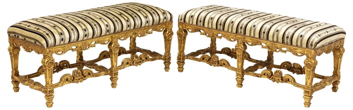 (2) REGENCE STYLE UPHOLSTERED GILTWOOD WINDOW BENCHES