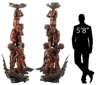 (2) MONUMENTAL ITALIAN BESAREL STYLE CARVED WOOD CHERUB TORCHERES, 73.5"H