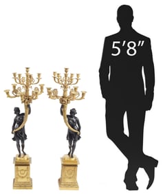 (2) FRENCH EMPIRE ORMOLU & PATINATED BRONZE 10-LT CANDELABRA, 43"H