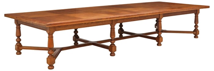 MONUMENTAL FRENCH PROVINCIAL PARQUET-TOP OAK DINING TABLE, 13'9"L