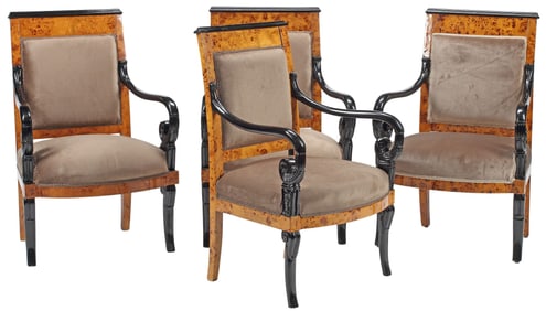 (4) RESTAURATION STYLE PARCEL-EBONIZED BURLWOOD FAUTEUILS