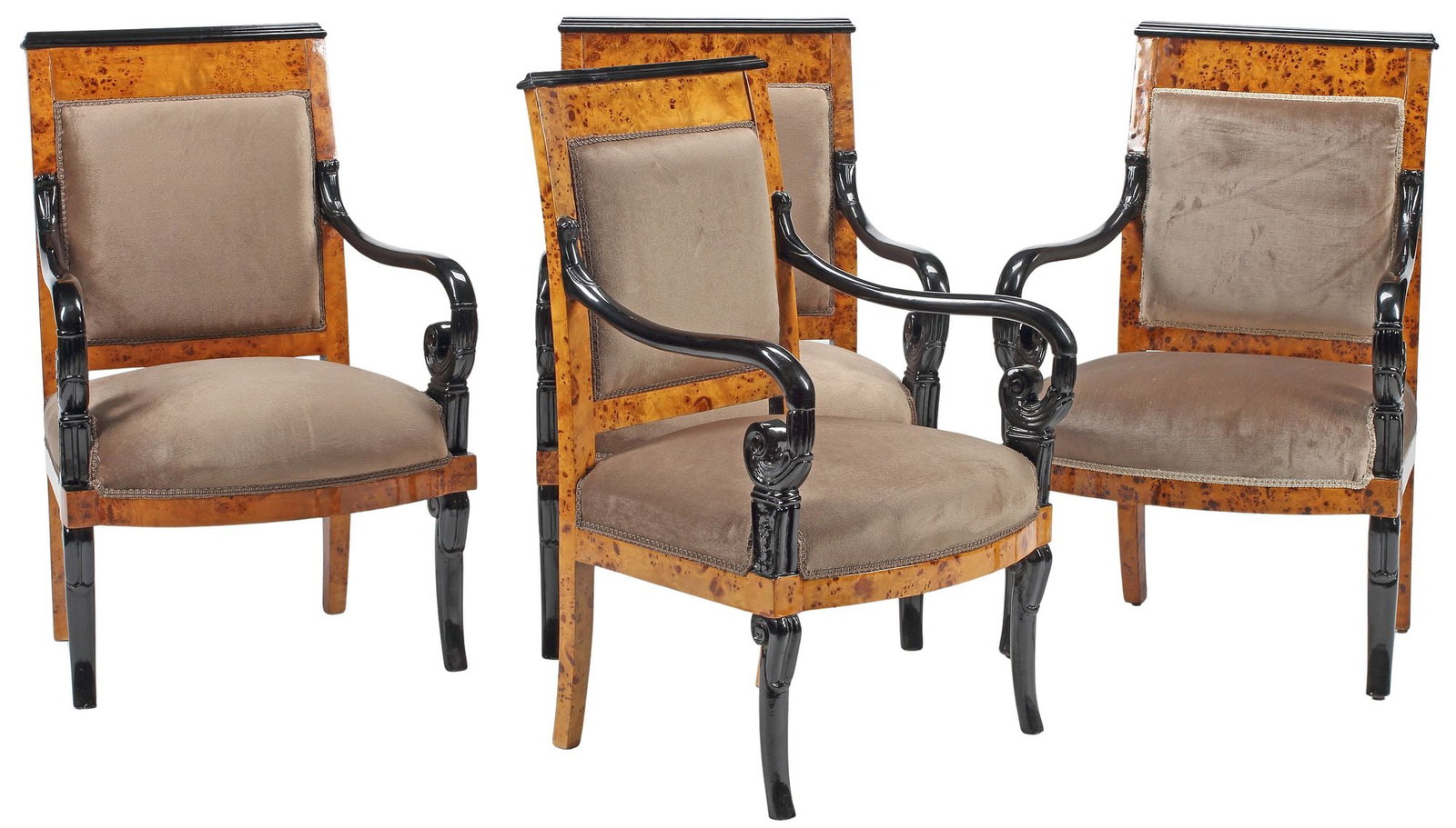 (4) RESTAURATION STYLE PARCEL-EBONIZED BURLWOOD FAUTEUILS: (lot of 4) Restauration style parcel-ebonized burlwood armchairs, with bronze dore mounts, padded back and seat in taupe upholstery with applique trim, approx 37.5"h, 24.5"w, 19"d,
