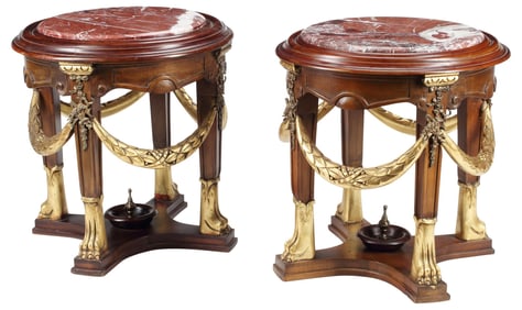 (2) EMPIRE STYLE PARCEL-GILT MARBLE-TOP PEDESTAL SIDE TABLES