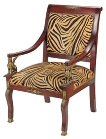 EMPIRE STYLE BRONZE-MOUNTED & ANIMAL PRINT UPHOLSTERED ARMCHAIR