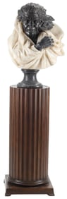 LARGE ONYX & BLACK MARBLE BUST ON FLUTED PEDESTAL, 64"H