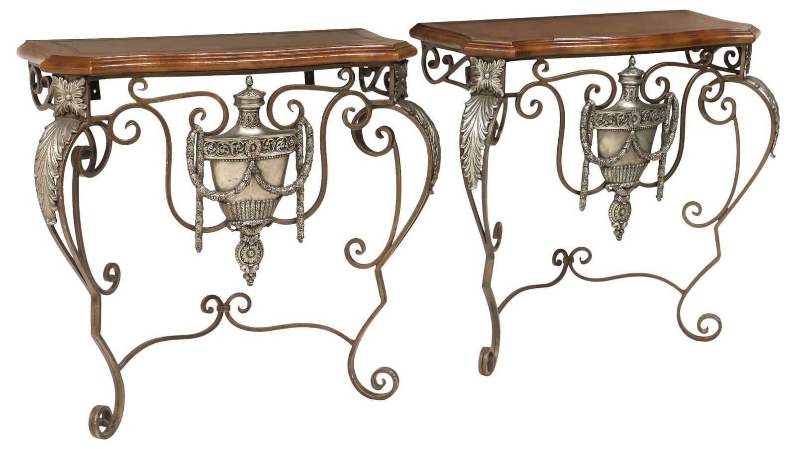 (2) PARCEL-SILVERED WROGHT IRON CONSOLE TABLES: (pair) silvered wrought iron console tables, approx 34"h, 36"w, 15"d