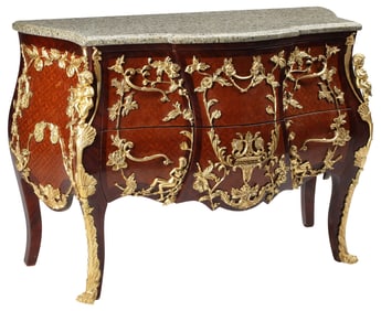 LOUIS XV STYLE GRANITE-TOP ORMOLU-MOUNTED BOMBE COMMODE