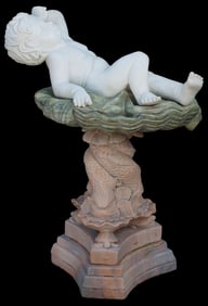 LARGE WHITE & POLYCHROME MARBLE SCULPTURE, PUTTO ON SHELL, DOLPHINS & TURTLES, 36.5"H