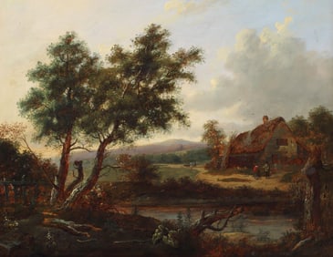 BRITISH SCHOOL (19TH C.) PAINTING THATCHED COTTAGE BY A RIVER