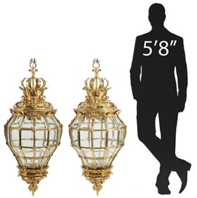 (2) LARGE NEOCLASSICAL STYLE ORMOLU & GLASS 'VERSAILLES' LANTERNS, 47"H