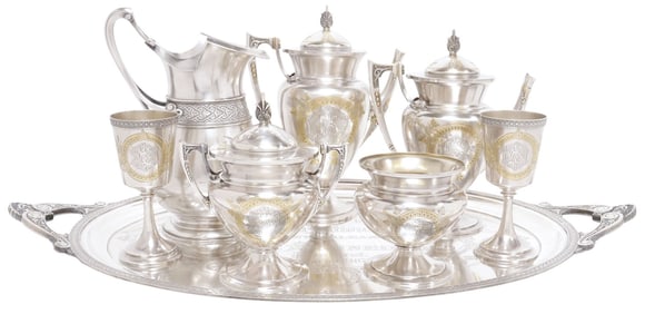 (8) WHITING NEO-GREC PARCEL-GILT STERLING SILVER TEA & COFFEE SERVICE