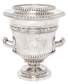GEORGE III SILVER ARMORIAL WINE COOLER, COLLAR & LINER
