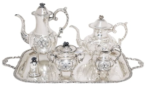 (6) GERMAN STERLING SILVER TEA & COFFEE SERVICE ON TRAY