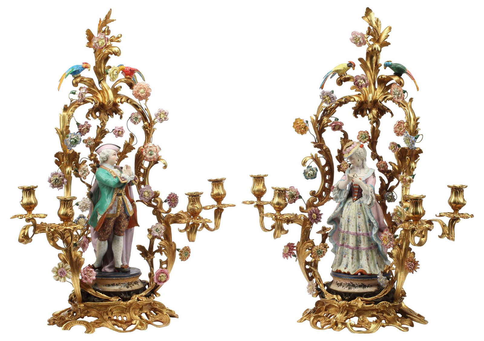 (2) ORMOLU-MOUNTED & PORCELAIN FLORAL 4-LT CANDELABRA, 30"H: (pair) Ormolu-mounted porcelain four-light candelabras, each fitted with model of male and female, issuing four foliate arms with applied porcelain flowers, approx 30"h, 23"w, 11.5