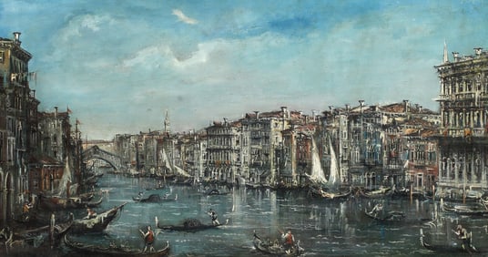 VENETIAN SCHOOL PAINTING VIEW OF GRAND CANAL & PONTE DI RIALTO