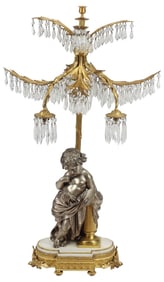 FRENCH ORMOLU & SILVERED BRONZE CHERUB 2-LT CRYSTAL TABLE LAMP, 43"H