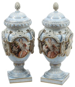 (2) LARGE DRESDEN PORCELAIN PORTRAIT VASES & COVERS