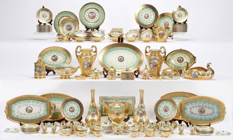 (147) FINE LE MIEUX 24K GOLD-ENCRUSTED & HAND-PAINTED PORCELAIN DINNER SERVICE