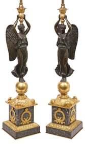 (2) EMPIRE BRONZE & MARBLE FIGURAL CANDELABRA 3-LIGHT TABLE LAMPS, 35.25"H